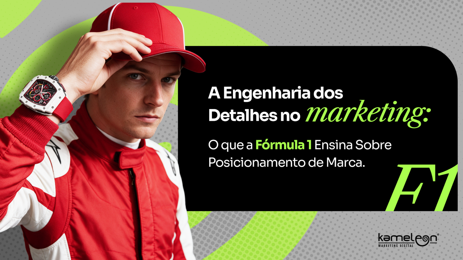 Piloto de Fórmula 1 no pódio ajeitando o boné, ilustrando marketing de autoridade e posicionamento de marca