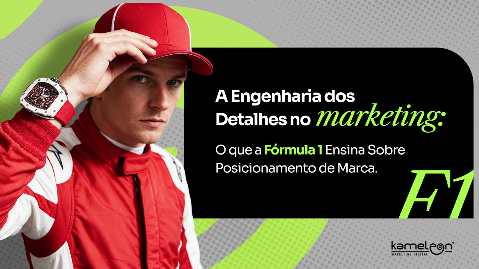 Piloto de Fórmula 1 no pódio ajeitando o boné, ilustrando marketing de autoridade e posicionamento de marca